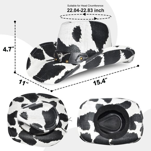 6894 Cow Pattern Straw Cowboy Hat Western With Decorative Bands, Size main image 7